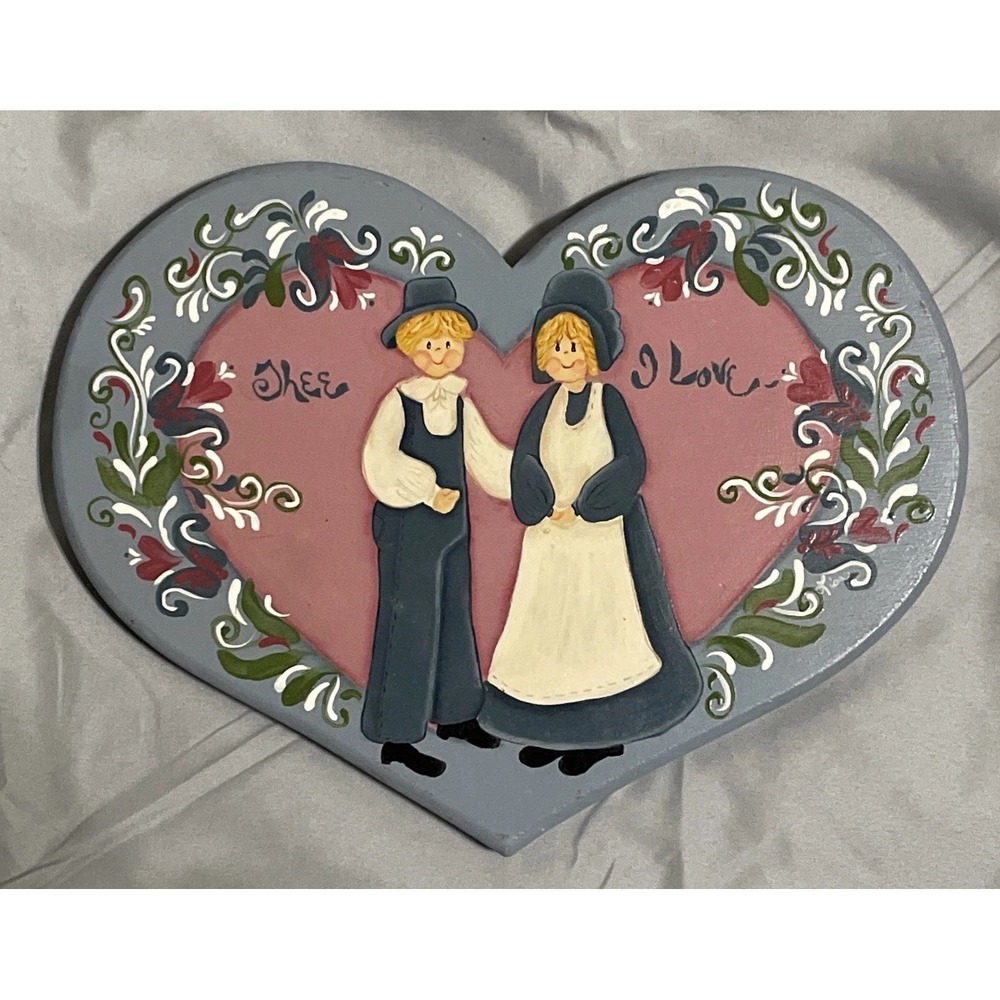VTG Wooden Heart Shaped Hand Painted Folk Art Wallโ Decor Cottage Farm